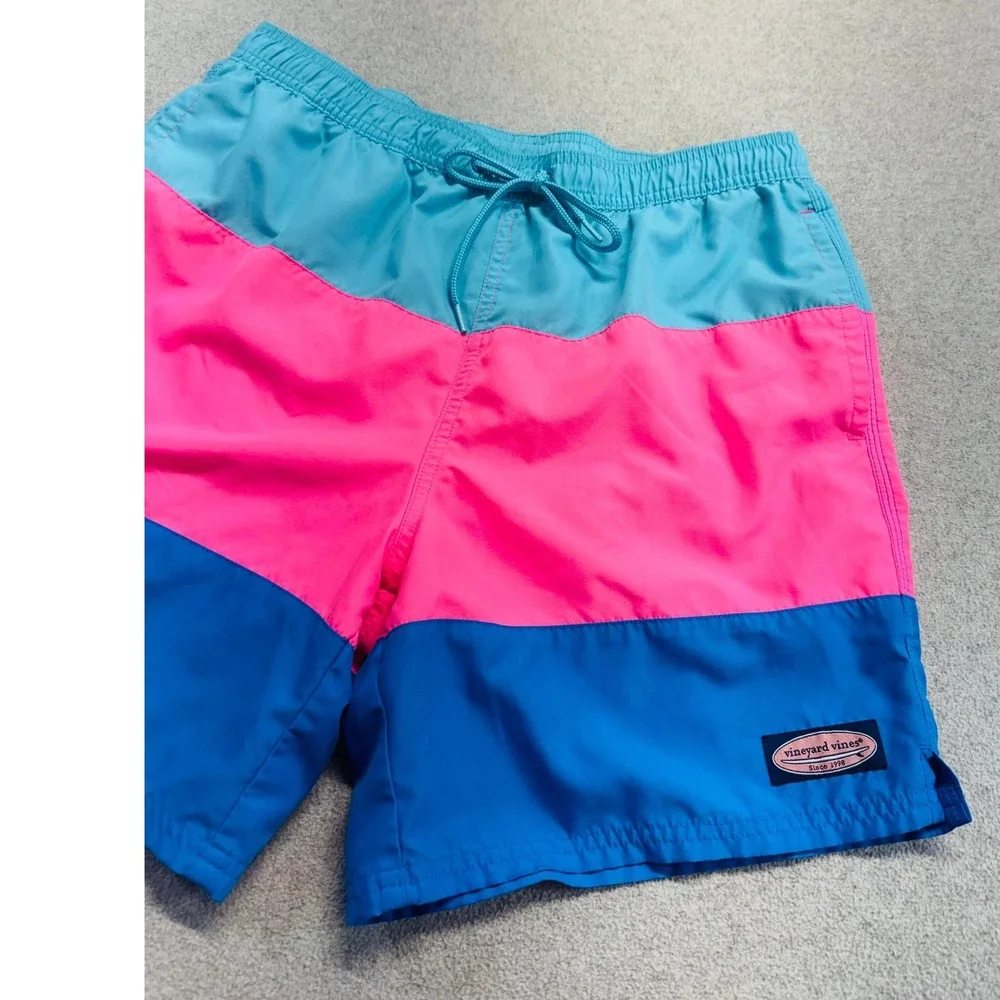Vineyard Vines Swim Trunks Mens M Pink Blue Colorblock Chappy Board Shorts Pool